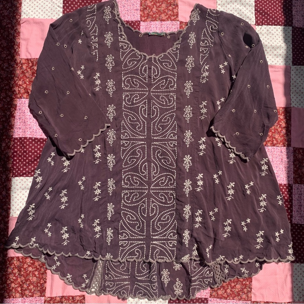 Last call! Johnny Was Eggplant Purple with gray Floral Embroidered Blouse Top